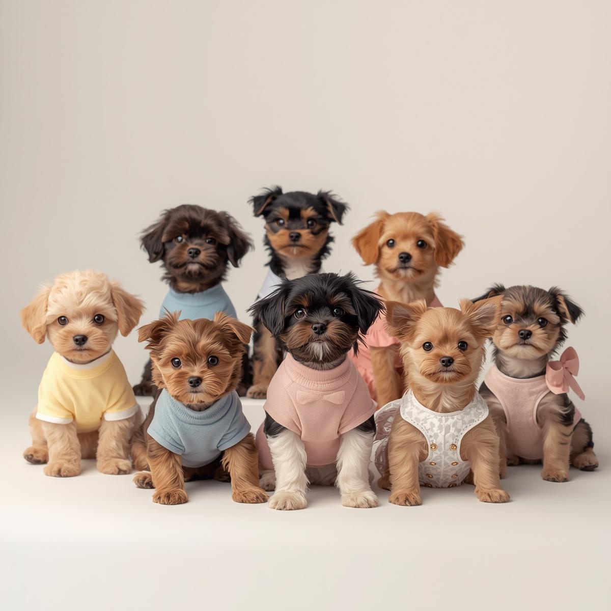 The Young Pup Club. Small dogs in pastel outfits and dresses